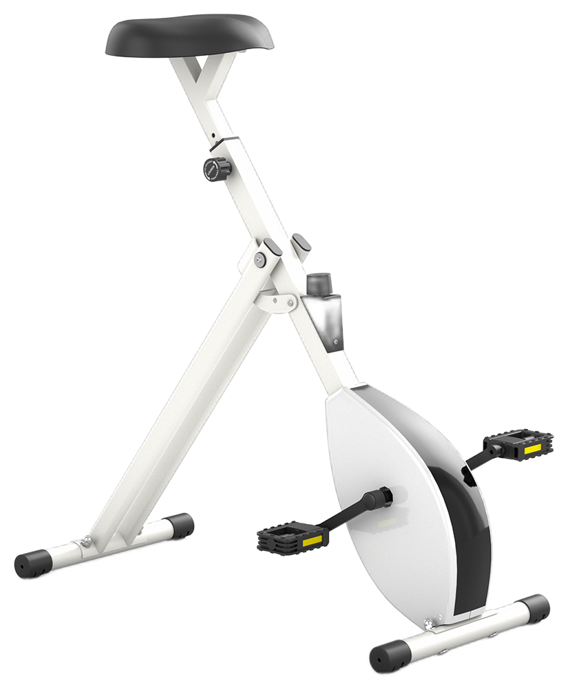 De opvouwbare Vyka-bureaufiets, wit frame met zwarte pedalen en zadel, plat opgevouwen en klaar om onder een bureau te schuiven.